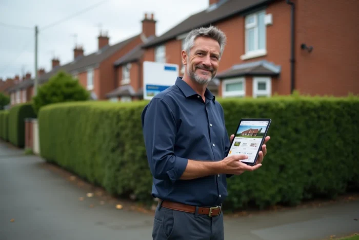 Homme tenant une tablette avec une application immobilière devant une maison à vendre en banlieue