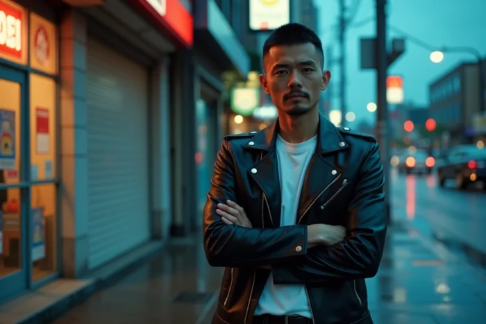 Homme en veste de cuir noir sur un trottoir urbain mouillé devant une épicerie, posture confiante et regard charmeur, ambiance sombre rappelant le personnage de Rio dans Good Girls