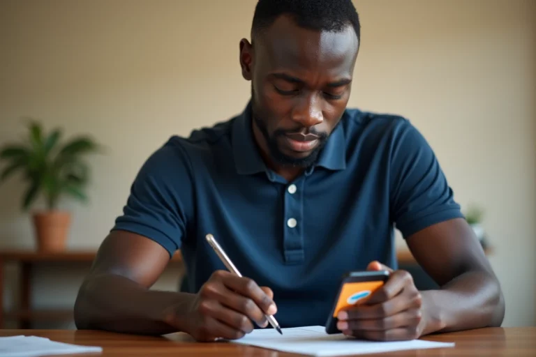 Jeune homme ivoirien effectuant la procédure d'identification MTN CI en ligne sur son smartphone depuis son bureau à domicile