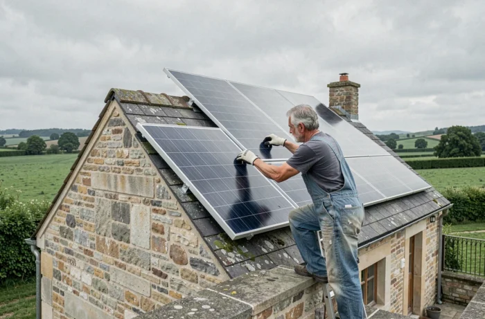 Artisan installant des panneaux solaires sur le toit en pierre d'une ferme rénovée dans la campagne française