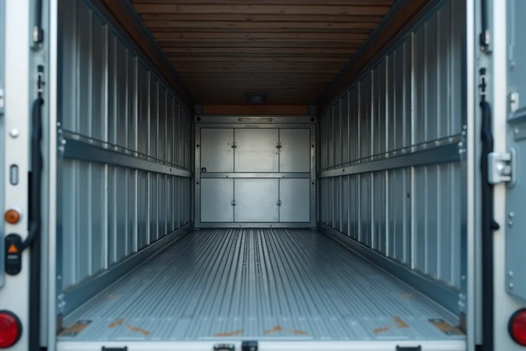 Vue intérieure d'un camion 10m3 avec portes ouvertes montrant les dimensions du compartiment de chargement