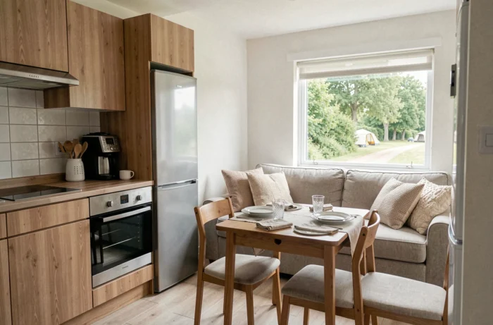 Intérieur moderne d'un hébergement tout équipé avec cuisine ouverte et coin salon près d'un camping