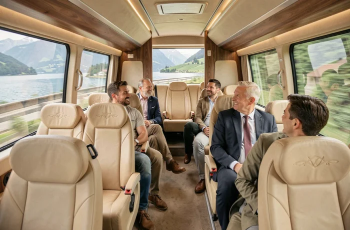 Intérieur confortable d'un minibus avec passagers lors d'un transfert en Suisse