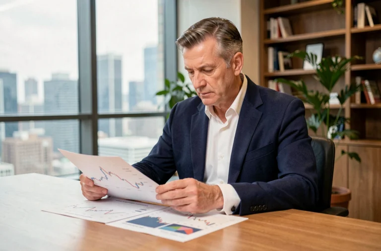 Homme d'affaires analysant des graphiques boursiers et des rapports financiers dans un bureau professionnel moderne