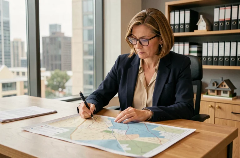 Investisseuse immobilière analysant des documents fonciers et cadastraux dans un bureau professionnel moderne