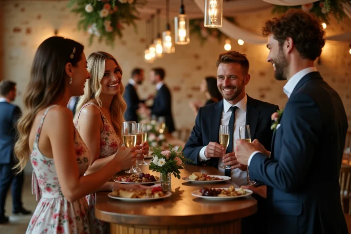 Invités de mariage discutant autour d'un buffet de cocktail élégant pendant la séance photos des mariés