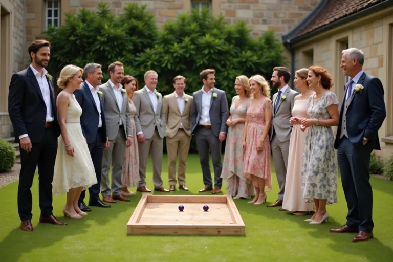 Invités de mariage souriants jouant à la pétanque dans la cour d'un château français pendant la séance photo