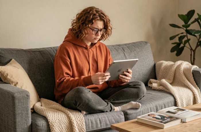 Jeune adulte lisant attentivement une fiche produit Amazon sur une tablette dans un salon cosy
