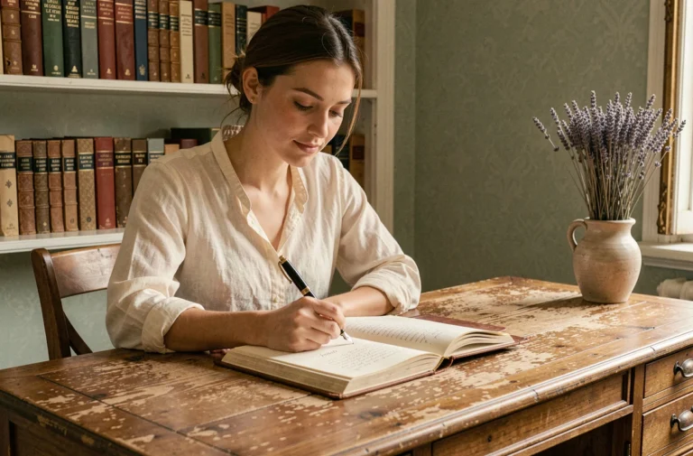 Jeune femme française écrivant le prénom Manon à la plume dans un journal ancien dans un appartement parisien vintage
