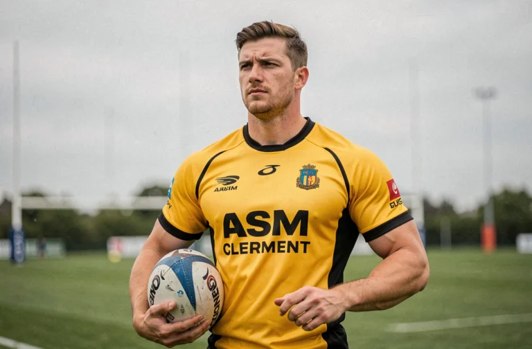 Joueur de rugby de l'ASM Clermont sur le terrain d'entraînement, ballon sous le bras, regard pensif vers l'horizon lors du mercato 2024