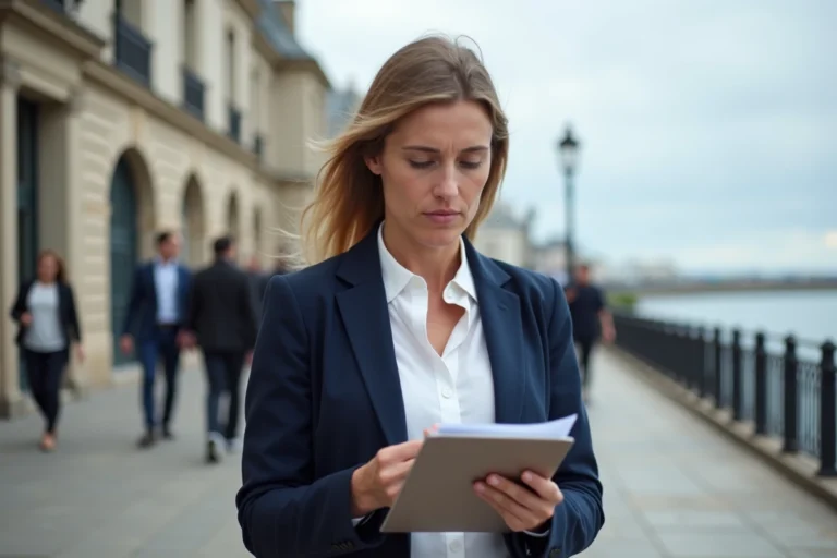 Journaliste femme sur un front de mer atlantique consultant ses notes avec des façades en granit en arrière-plan