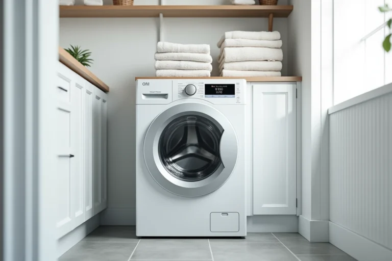 Lave-linge Whirlpool 6th Sense 9kg posé dans une buanderie moderne avec carrelage gris clair