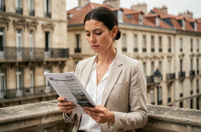 Femme consultant une annonce de location immobilière sur un balcon lyonnais avec vue sur les toits de la Presqu'île
