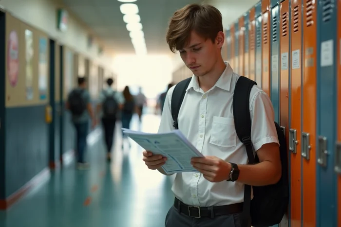 Lycéen consulant son emploi du temps scolaire devant son casier dans un couloir de lycée