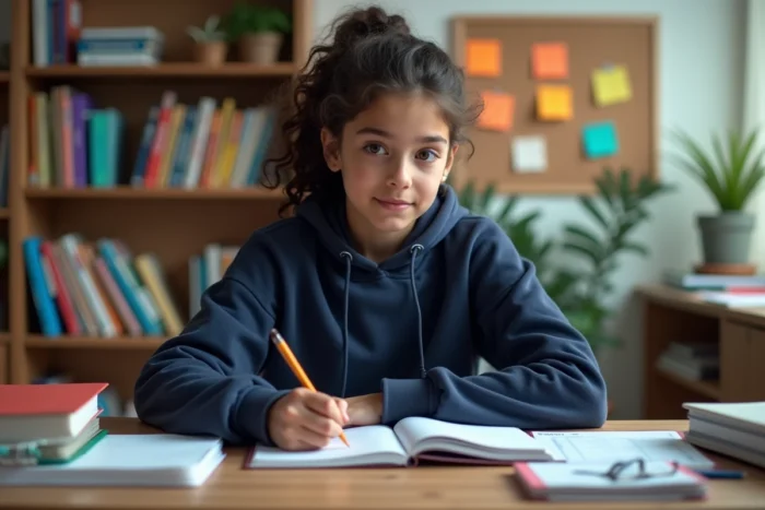 Lycéenne studieuse organisant son planning scolaire dans sa chambre avec des cahiers et des manuels