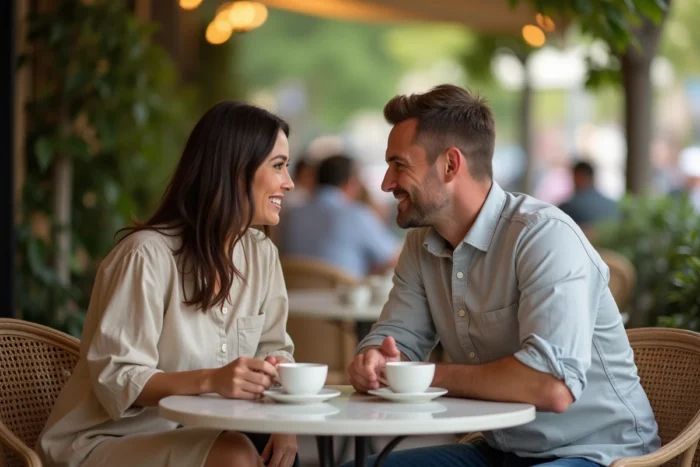 Couple assis en terrasse de café français partageant un moment intime, illustration de la vie de couple et du quotidien d'artistes comme Marie Bastide et Calogero