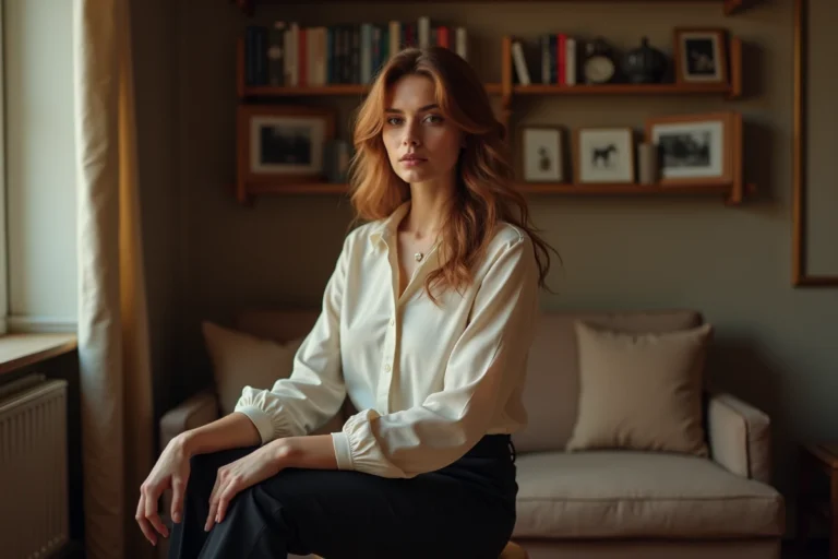 Femme aux cheveux châtains naturels assise dans un appartement parisien chaleureux, évoquant l'univers intime d'une artiste comme Marie Bastide