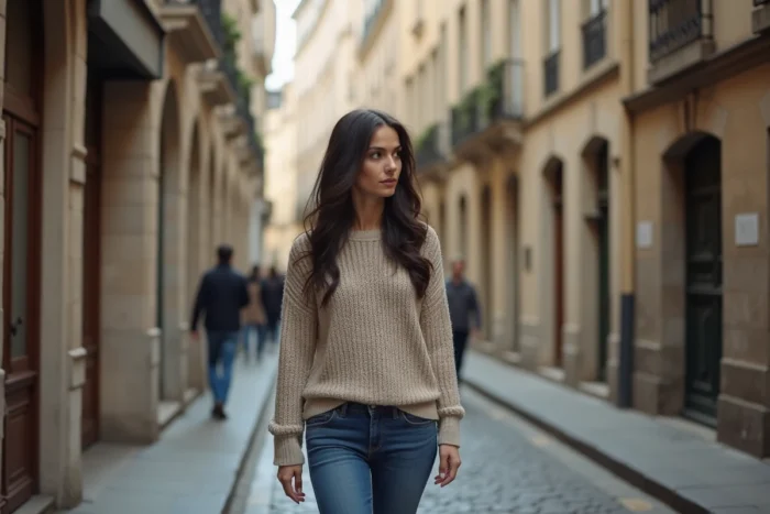 Femme se promenant sur une rue pavée française en automne, atmosphère candide et éditoriale évoquant la vie quotidienne d'une chanteuse française