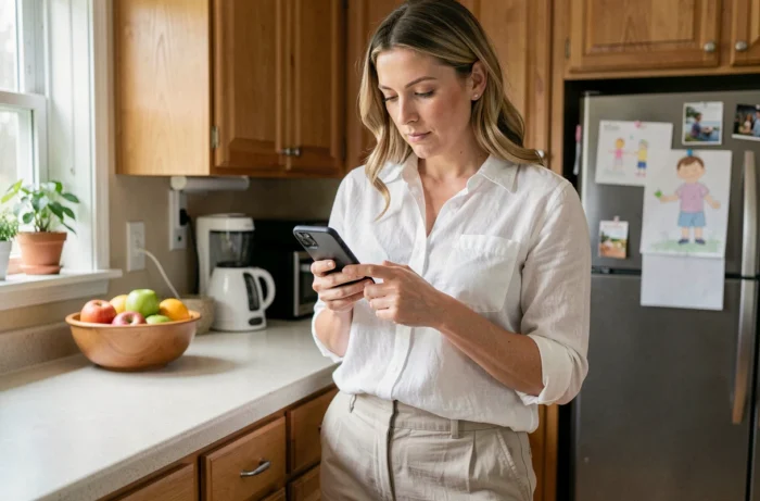 Mère consultant le site Douceur Enfance sur smartphone dans une cuisine familiale avec décoration naturelle