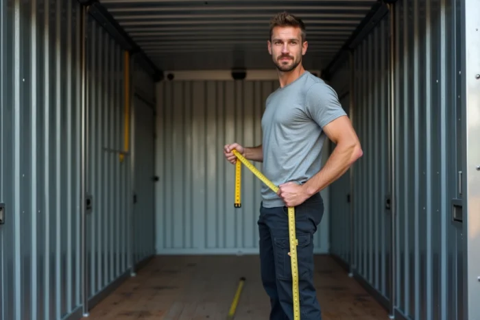 Homme mesurant la hauteur intérieure d'un camion de déménagement 10m3 avec un mètre ruban