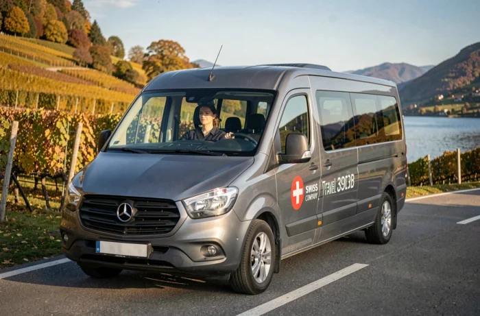 Minibus avec chauffeure professionnelle sur la route du lac Léman en automne