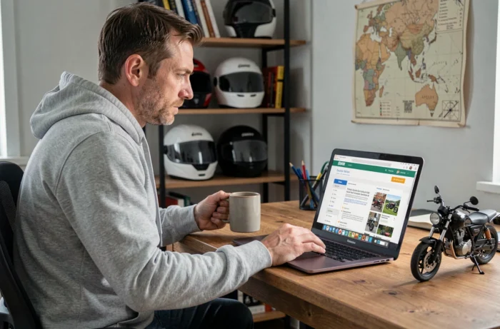 Motard passionné consultant un forum de moto en ligne depuis son bureau à domicile entouré d'équipements moto