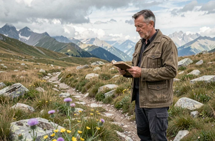 Naturaliste observant des fleurs sauvages en montagne avec un carnet de terrain, nouveautés nature Zaturelle