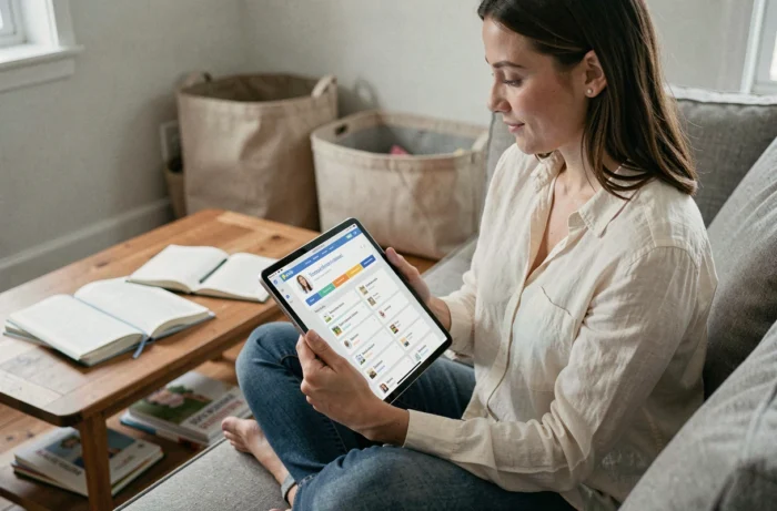 Jeune femme naviguant sur le plan du site Home Educ depuis une tablette dans un espace d'apprentissage à domicile