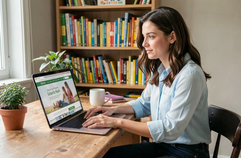 Jeune femme naviguant sur le site Douceur Enfance depuis un bureau en bois dans un bureau à domicile chaleureux