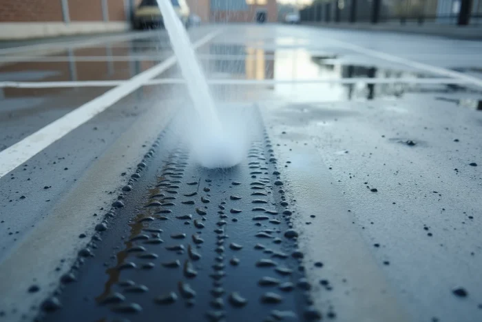 Nettoyage au nettoyeur haute pression d'une trace de pneu sur un sol en béton de parking avec mousse et eau
