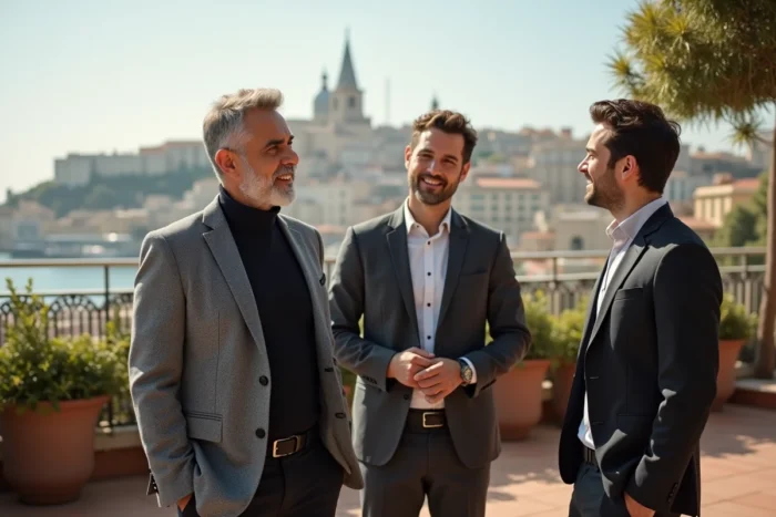 Professionnel en networking sur une terrasse à Marseille avec vue sur Notre-Dame de la Garde