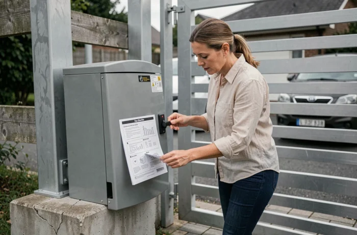 Femme consultant une notice de déverrouillage devant le moteur d'un portail coulissant Faac en cas de panne