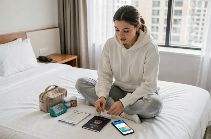 Jeune femme organisant ses documents et affaires essentielles de voyage sur un lit d'hôtel moderne