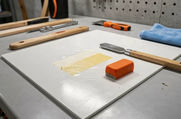 Gros plan sur un panneau PVC blanc avec des outils pour enlever les traces de scotch posés sur une table d'atelier grise
