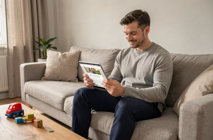 Père de famille consultant le plan du site Douceur Enfance sur une tablette dans un salon familial moderne