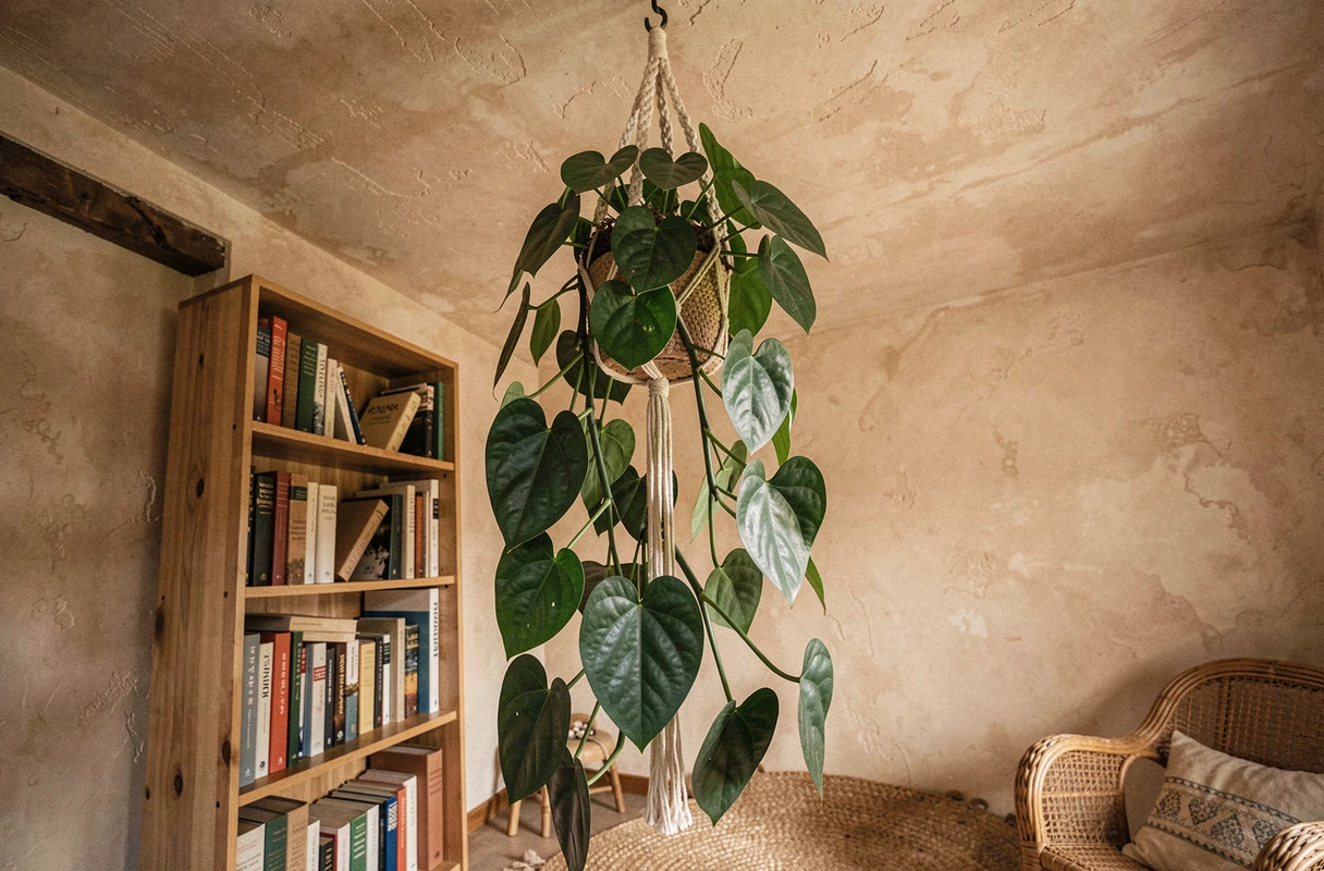 Philodendron retombant dans une suspension en macramé dans un coin lecture bohème avec bibliothèque et fauteuil en rotin