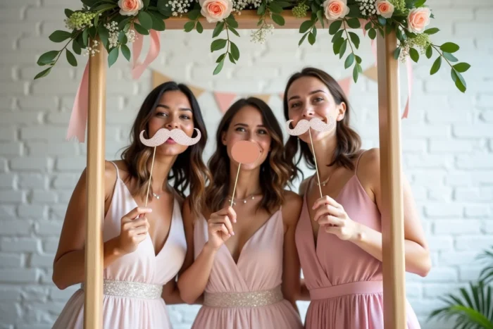 Invitées de mariage s'amusant dans un photobooth fleuri pendant l'attente de la séance photo officielle