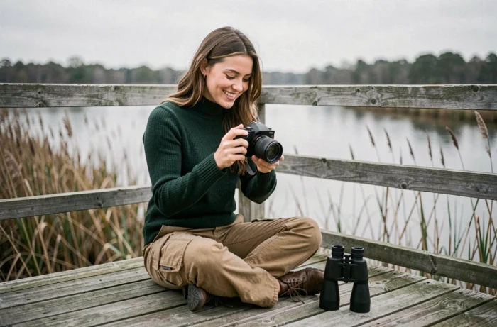 Jeune femme photographe sur une passerelle en zone humide consultant ses clichés de nature, Zaturelle actualités