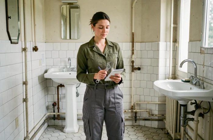Plombière professionnelle en intervention dans une salle de bain ancienne de style haussmannien à Courbevoie