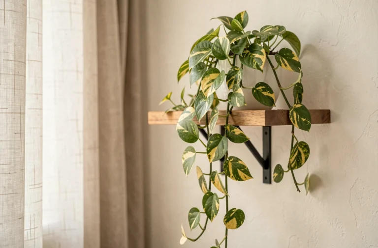 Pothos retombant aux feuilles vertes et dorées en pot blanc sur une étagère murale en bois dans un intérieur lumineux