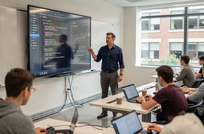 Professeur enseignant devant un tableau interactif numérique dans une salle de classe technologique avec des étudiants sur ordinateurs portables