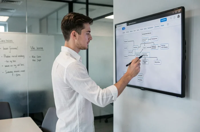 Professionnel annotant le plan de navigation du site Electriciret sur un écran mural en salle de réunion
