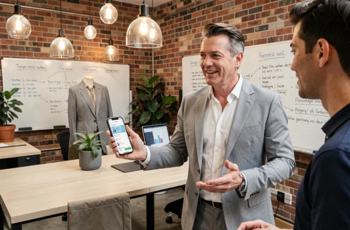 Professionnel de la fintech présentant une application bancaire mobile à un collègue dans un espace de coworking moderne