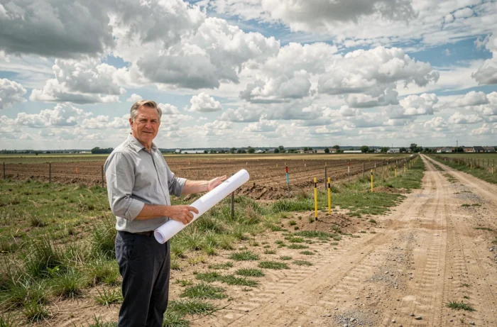 Promoteur foncier sur un terrain à bâtir tenant un plan architectural avec vue sur des parcelles non construites
