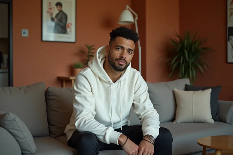 Portrait intimiste d'un rappeur français dans son appartement marseillais, ambiance vie privée et quotidien authentique