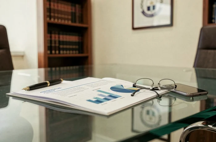 Rapport annuel ouvert sur un bureau en verre avec stylo et graphiques de rémunération, symbolisant la transparence salariale d'un PDG d'assurance