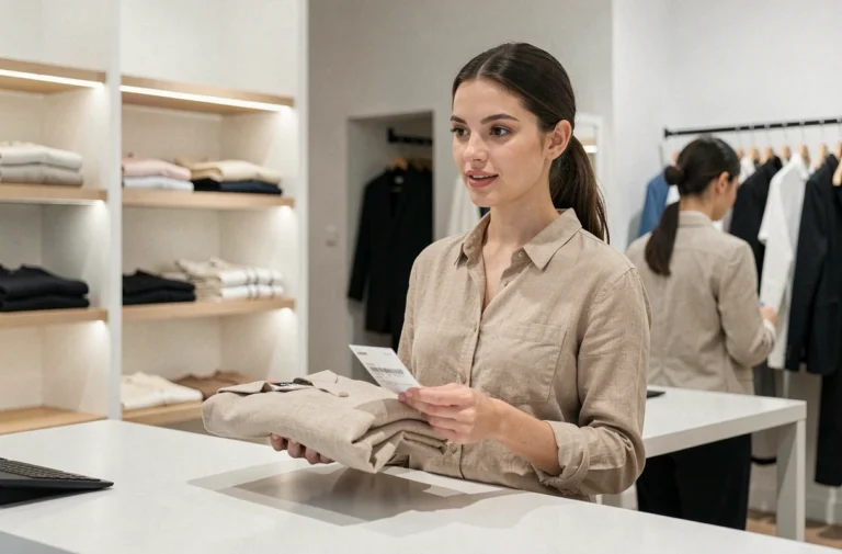 Jeune femme effectuant une réclamation client au comptoir de service Zara avec un reçu et un vêtement à retourner