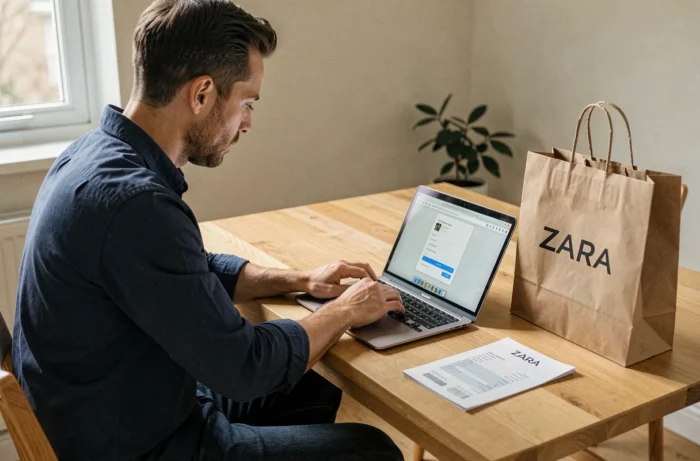 Homme déposant une réclamation Zara en ligne depuis son domicile avec sa facture et son sac de courses