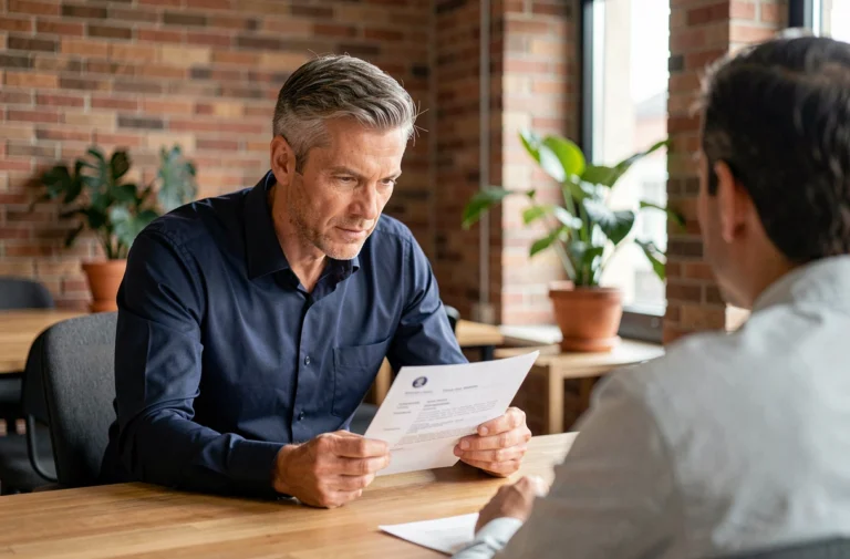 Un homme de 45 ans en reconversion professionnelle discutant de son CV avec un conseiller dans un espace de coworking moderne