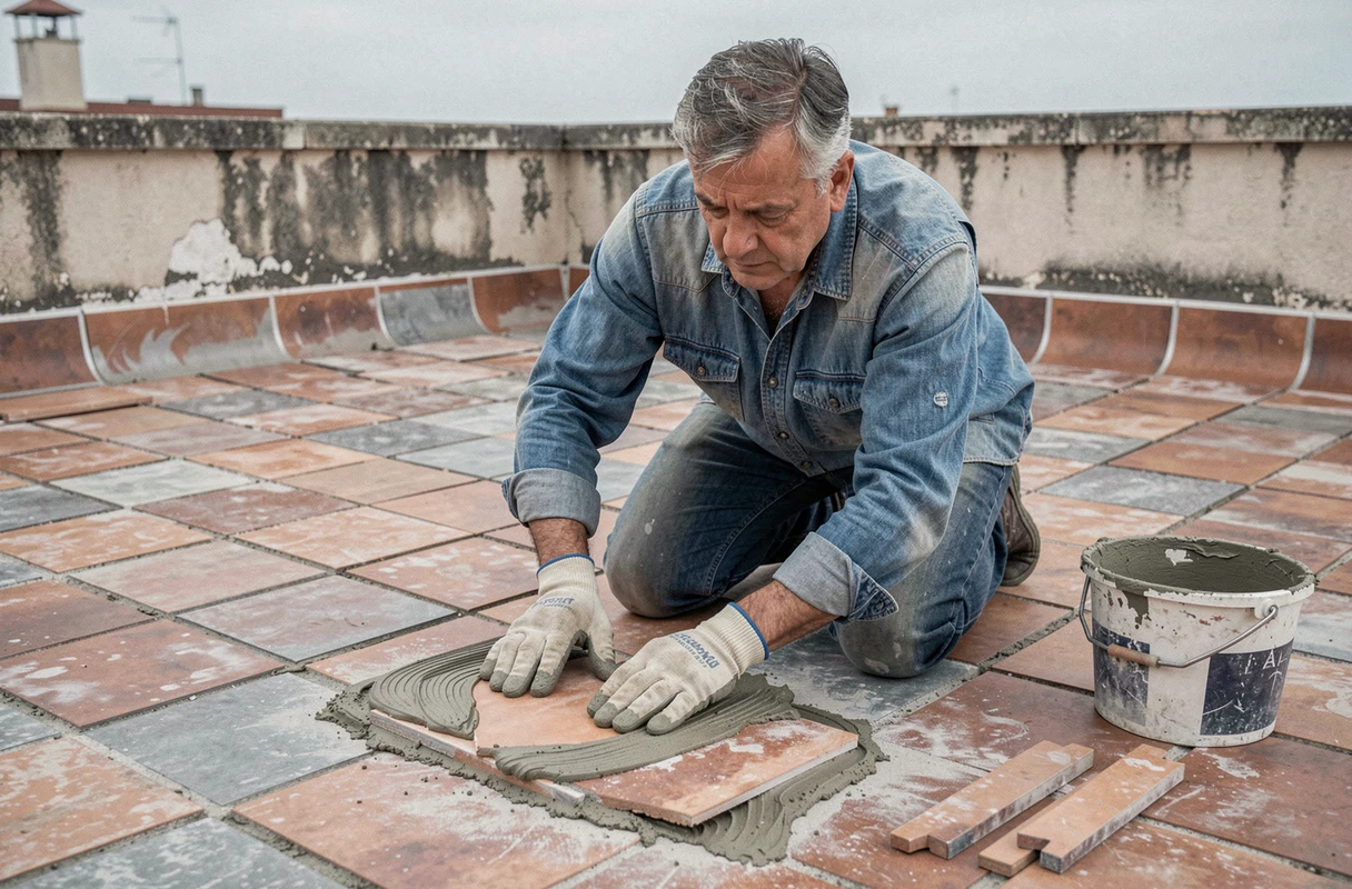 Artisan remplaçant une tuile cassée sur une terrasse extérieure en appliquant du mortier-colle avec des gants de travail